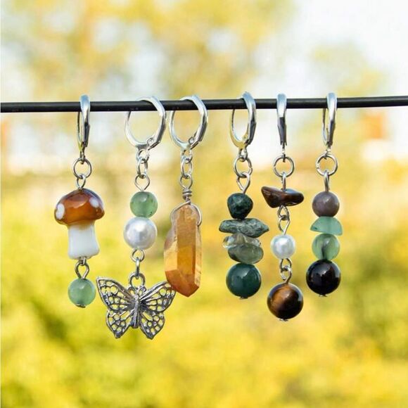 Bohemian Set Hair Charms, Butterfly, Crystal, Glass Mushroom, Silver Tone, Stone - Picture 1 of 4